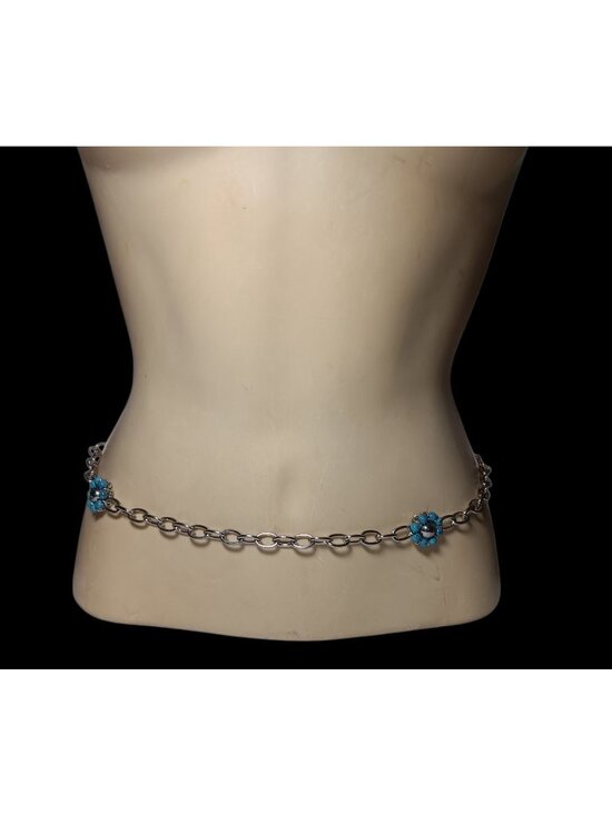 Belt with Glass Station Imitation Turquoise Flowers Silver-Tone Oval Chain main image 8
